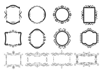 Vintage ornament frame. Decorative border frames, retro style divider. Elegant vintage frame and wedding ornaments Isolated icons vector set. Calligraphic filigree black ink borders collection