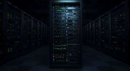 Dark server room with glowing lights and rows of powerful computer servers, showcasing advanced data center technology and digital infrastructure.