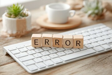 Error message spelled out on wood blocks sits on a keyboard surrounded by coffee and succulents providing tech support