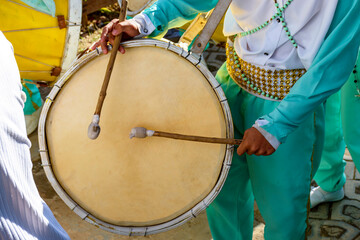 Musicians with their drums and colorful clothes at the typical religious festival of Congado in a...