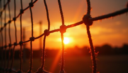 Close-up of sports net with knots silhouetted against vivid sunset sky. A warm, tranquil scene ideal for themes of competition, reflection, outdoor activity, and peaceful summer evenings.
