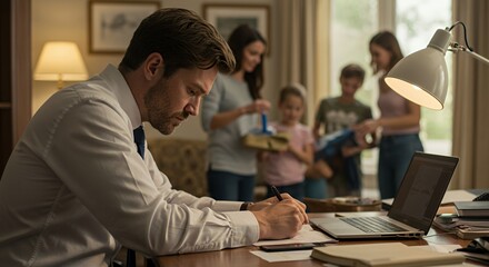 Focused father works from home, balancing career and family amidst the cheerful chaos of his children and wife.