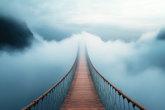 Fototapeta Rope bridge vanishes into dense fog