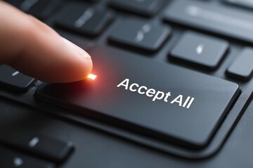 Pressing the Accept All button on a black keyboard indicates consent and agreement on a user interface