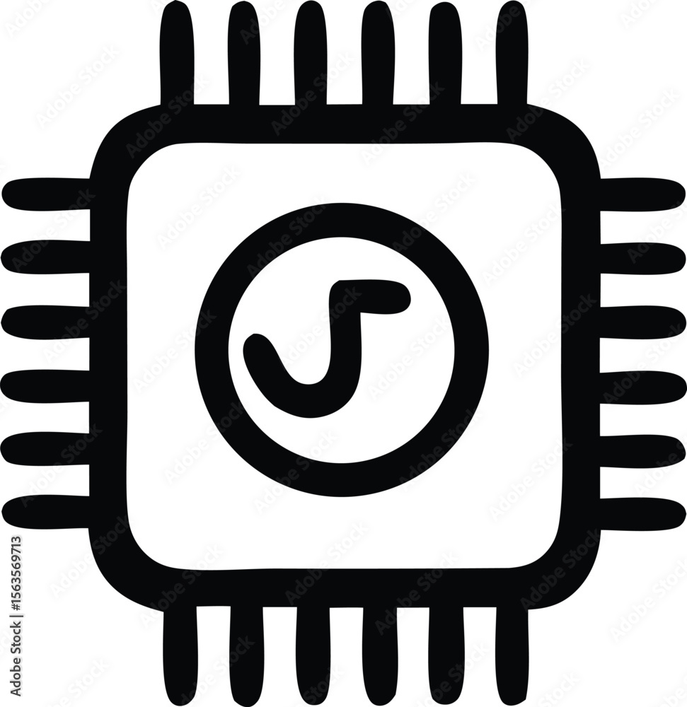 Fototapete stylized black and white icon of a computer processor chip with a circular symbol resembling a styli