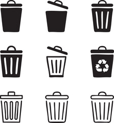 Nine Black and White Minimalist Trash Can Icons Set Variations Open Closed Recycle Symbol garbage can