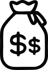 Simple black outline drawing of a money bag with two dollar signs inside representing wealth and financial abundance