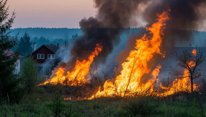 Forest fires in hot summer near residential villages.