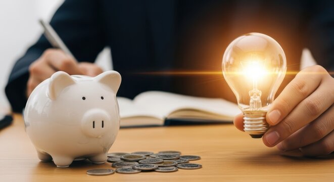 Saving Energy Ideas: Piggy Bank, Light Bulb, Coins & Notebook for Financial Planning & Energy Efficiency Tips