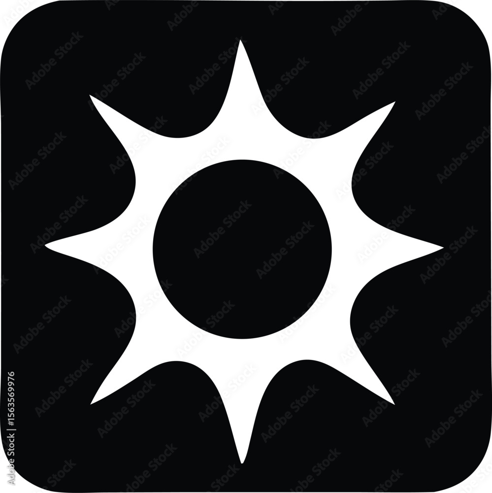 Poster stylized white sunburst symbol with sharp points centered within a rounded black square frame
