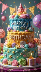 Naklejka premium Vibrant Birthday Celebrations: Cakes, Balloons, and Festive Decorations