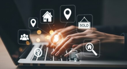 Real Estate Online: Person Typing on Laptop with House Icons, Location Pins, Sold Sign, and Money Symbol for Property Search