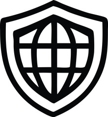 A black and white stylized shield emblem featuring a globe with intersecting lines representing global security and protection