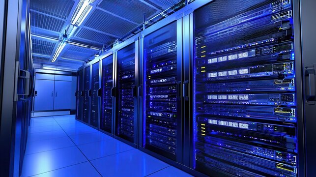 Server racks in data center room - Powered by Adobe