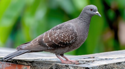 Pigeon standing on a stone surface with green foliage in the background