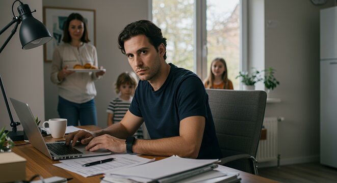 Focused father works from home, juggling work and family life amidst the everyday chaos of a busy household.