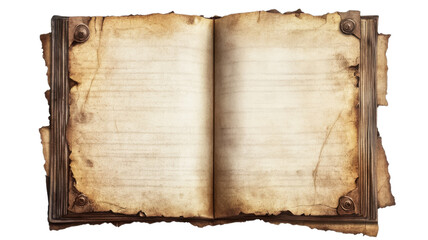 Intricate ancient book with worn pages inviting exploration of lost stories and timeless wisdom on transparent background