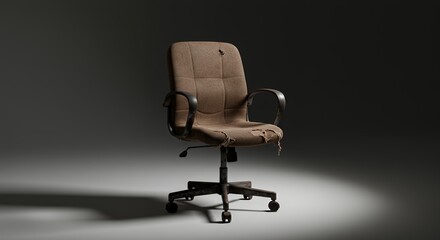 Worn office chair sits alone in a dimly lit room, its tattered fabric and aged metal frame hinting at years of tireless work and countless stories.