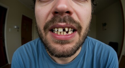 Close-up view of a young man's mouth revealing damaged teeth, showcasing dental neglect and oral hygiene issues.