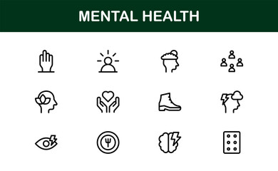 Vector Icon Collection for Mental Health Including Counseling, Mind Care, Emotional Support, and Wellness