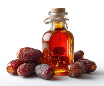 Date syrup in a bottle with whole dates on a white background