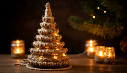 Obraz premium New Year tree made of hemp rope - eco-friendly decor on a dark background
