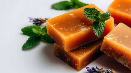 Artisan Orange Soap Bars with Fresh Mint and Lavender: Natural Skincare and Handmade Cosmetics Concept