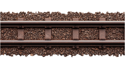 A close-up view of a railway track. The image captures the details of the rails, fasteners, and ballast stones.