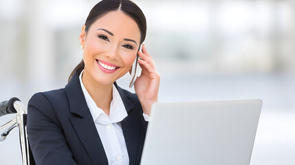 Confident Businesswoman in Wheelchair Using Laptop and Phone in Modern Office: Inclusive Workplace