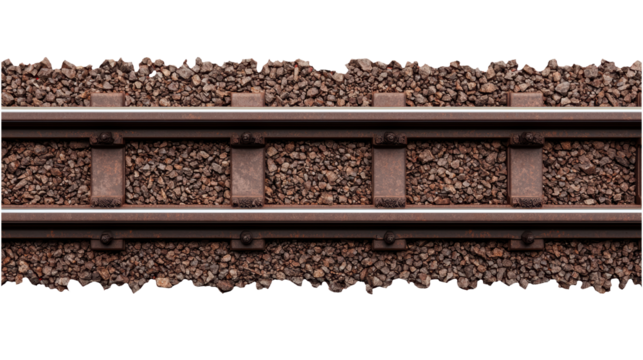 A close-up view of a railway track. The image captures the details of the rails, fasteners, and ballast stones.