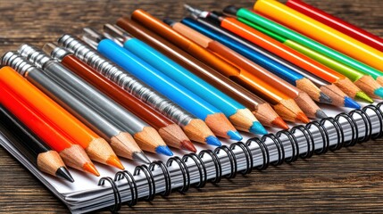 Colorful pencils arranged on a spiral notebook with a wooden surface background
