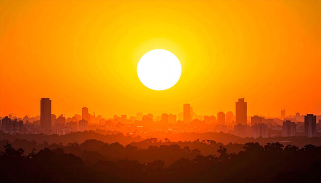 Panoramica con un sol de verano ardiente y bruma c&aacute;lida en concepto de ola de calor extremo y cambio clim&aacute;tico sobre la silueta de una ciudad