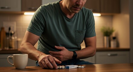 Man sits alone in his kitchen at night, feeling unwell and taking medication for stomach pain.