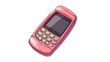 Vintage pink mobile phone resting on a flat surface, showcasing its simple design and nostalgic charm, surrounded by a soft, warm light on transparent background