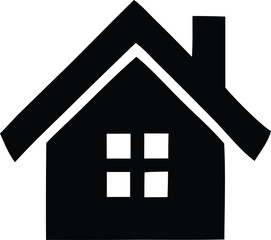 Simple black silhouette of a house with a chimney and four square windows on a white background
