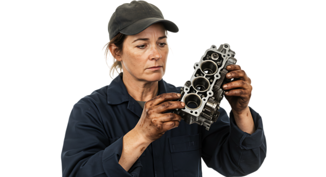 Mechanic woman inspecting auto engine cylinder head for repair maintenance and service work carefully on transparent background
