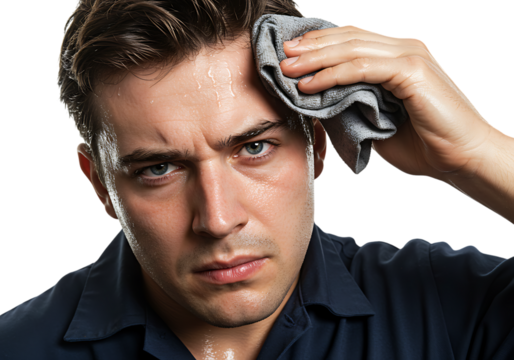 Man sweating wiping forehead with towel after workout or hard work in hot weather condition studio shot on transparent background