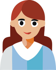 Stylized cartoon portrait of a friendly young woman with long auburn hair and a light blue shirt against a white background