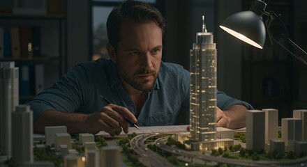 Focused architect meticulously reviews a detailed urban model, illuminated by a desk lamp in his late-night office.