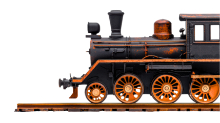 A side view of an old, detailed train locomotive. The locomotive features intricate mechanical details, rust spots, and a classic design