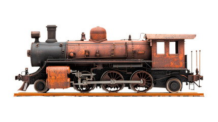 Naklejka premium An Old steam locomotive parked on tracks, ready for adventure. Featuring the rusty, aged train shows the details of its machinery