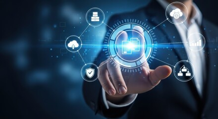 A man in a suit interacts with a digital interface displaying cloud computing and data management icons.