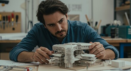 Focused architect meticulously examines a detailed architectural model, lost in the intricate design process.