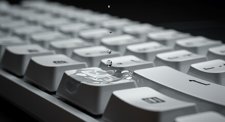 Water droplets fall onto a pristine white keyboard, creating a captivating image of technology and unexpected elements.