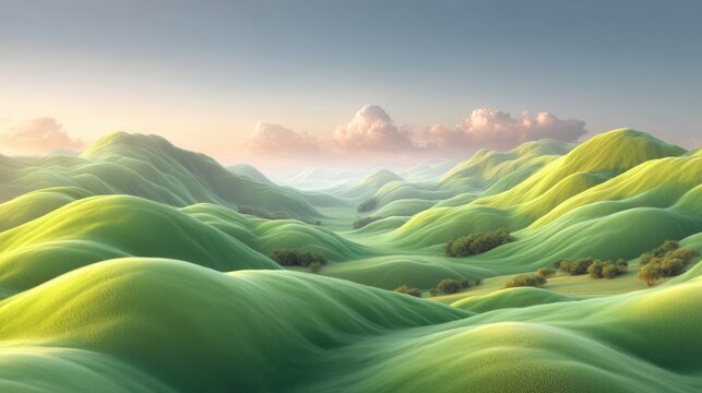 Green hills rise into a pastel sky with soft clouds at sunrise on a peaceful morning in Spring
