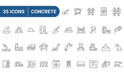 Concrete Web Icons Set in Line or outline Style related to Concrete. Icons For Web and Mobile Apps. Linear icons collection. Editable strokes. Vector illustration.