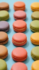 Obraz premium Colorful macarons arranged in neat rows on a vibrant blue background