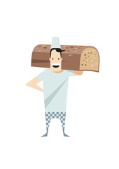 Happy baker carries a loaf of bread on his upper arm