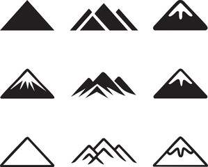 Nine minimalist black mountain icons set simple geometric triangle peak snowy range graphic design elements