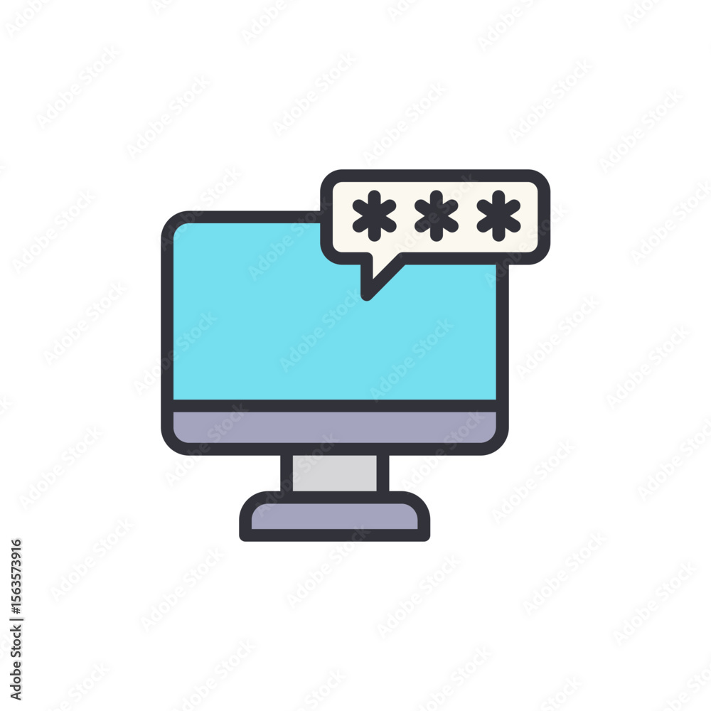 Poster computer display screen show password stars in a speech bubble notification